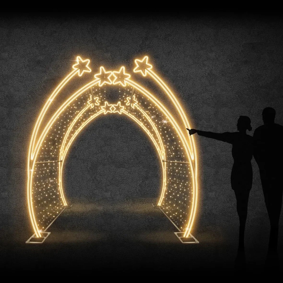 3D LED světelný tunel hvězdičky 200 × 250 × 400 cm, ledově a teple bílá, s Flash, 36 V, 108,2 W, 25 kg, z 5 dílů, stojící