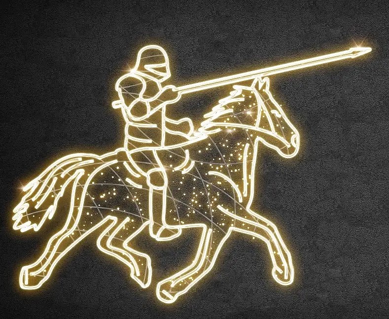 2D LED světelný rytíř na koni, 240 x 310 cm, teple bílá, 230 V, 132,4 W, 18 kg, 8 dílů, stojící