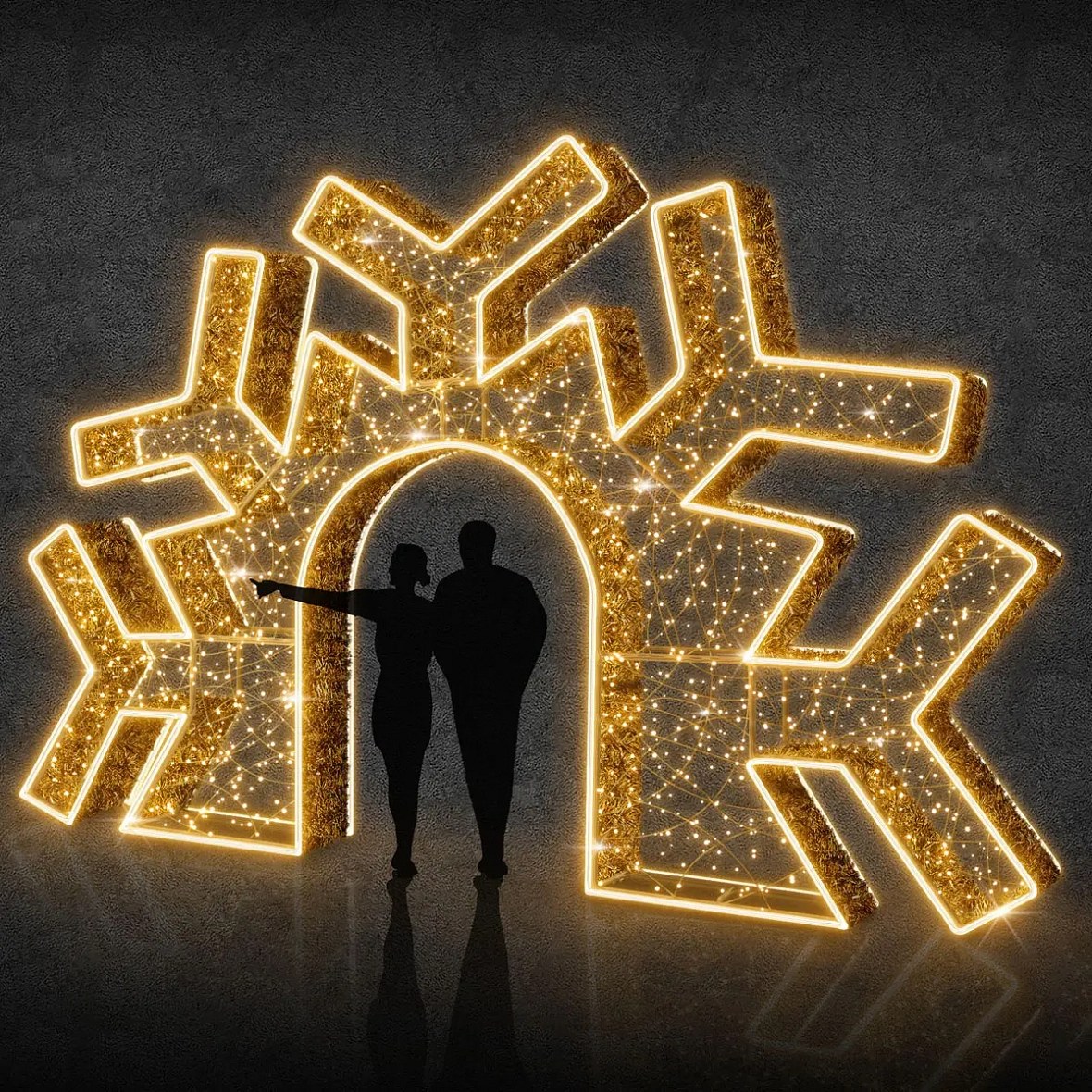 3D LED světelná brána půl vločka 585 × 370 × 40 cm, teple bílá, 36 V, 135 W, z 11 dílů