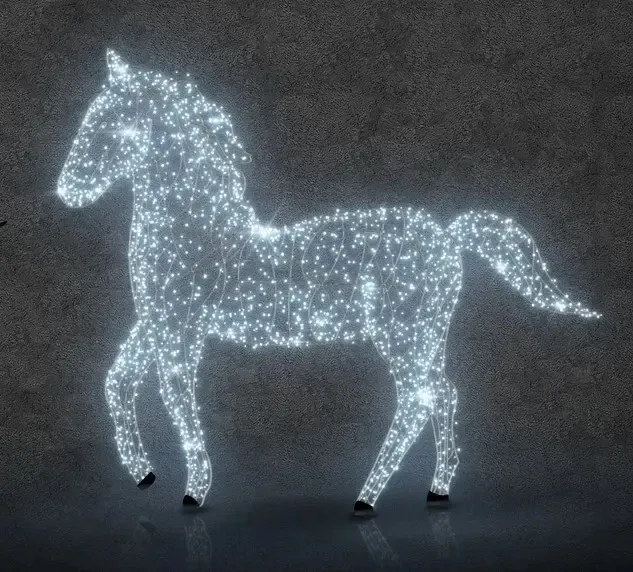3D LED světelný kůň s otočenou hlavou, 250 cm, ledově bílá, 36 V, 33,4 W, 25 kg, ze 2 dílů