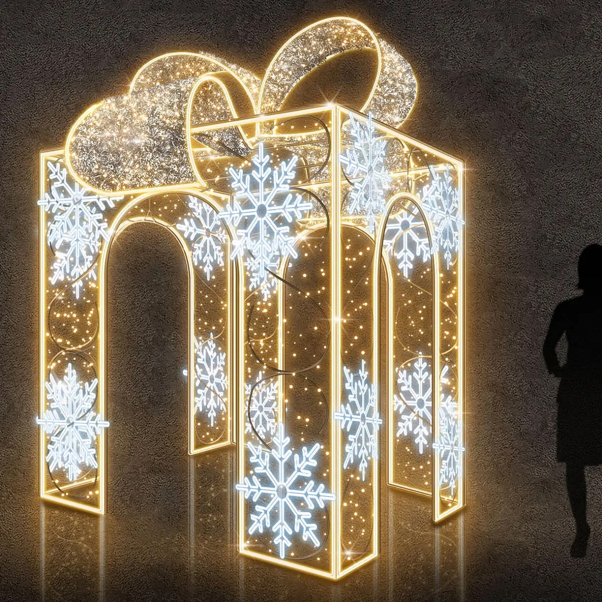 3D LED světelný dárek s mašlí, 200 × 350 × 200 cm, 36 V, ze 13 dílů