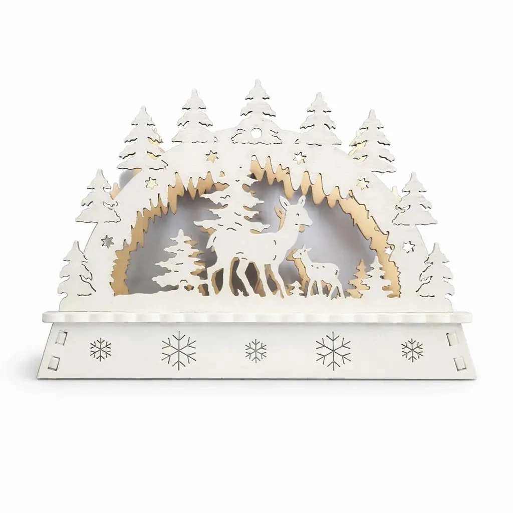 LED vánoční svícen do okna les dřevěný, 38 × 34 cm, teple bílá, 2× AA
