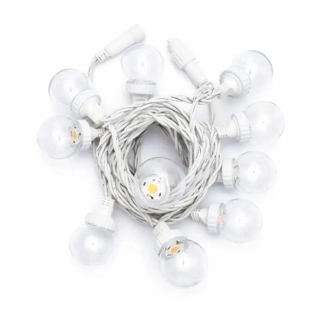 Party osvětlení 5 m, 10 teple bílých LED, průhledné baňky, bílý kabel