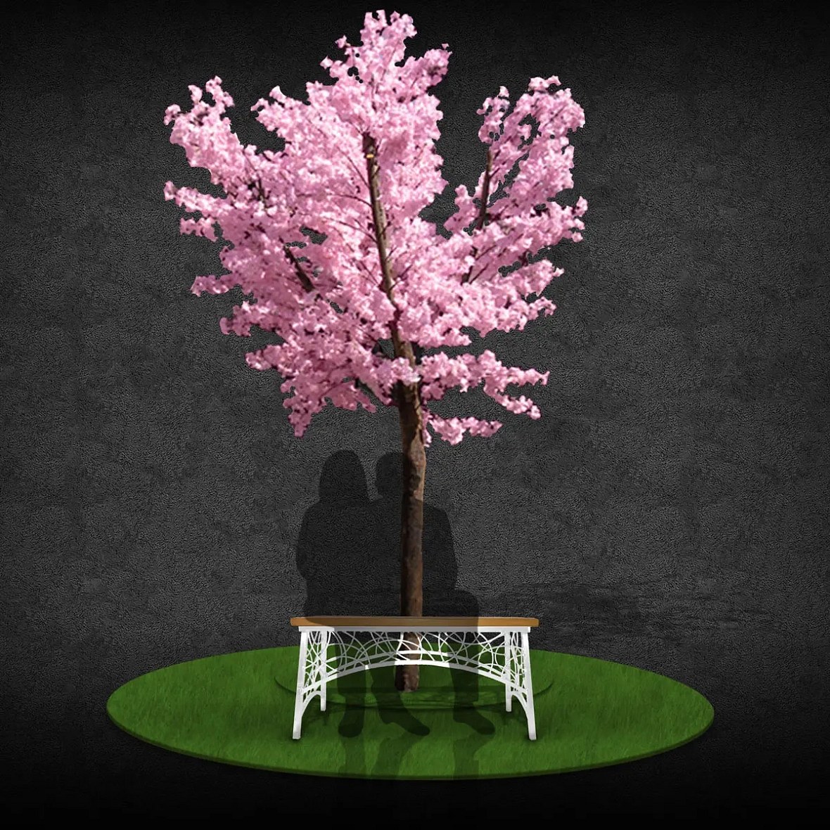 3D jarní lavička a rozkvetlý strom, 300 cm, nesvětelný