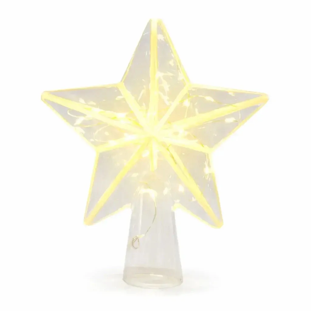 LED svítící hvězda na stromeček 18 × 22 × 6,5 cm skleněná, teple bílá, 20 diod, 2× AAA