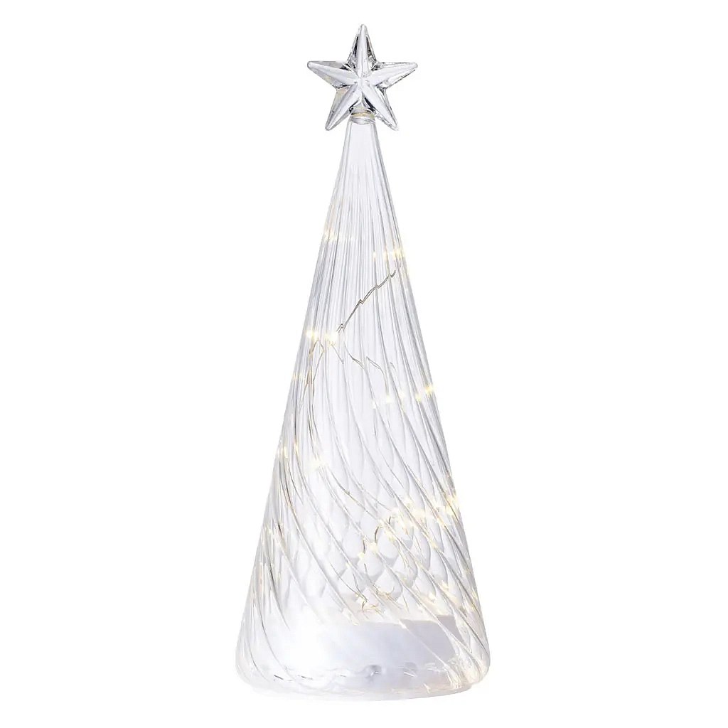 LED světelný stromeček skleněný na baterie, čirý, 26 cm, s hvězdou, AAA