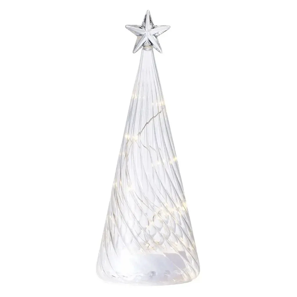 LED světelný stromeček skleněný na baterie, čirý, 26 cm, s hvězdou, AAA