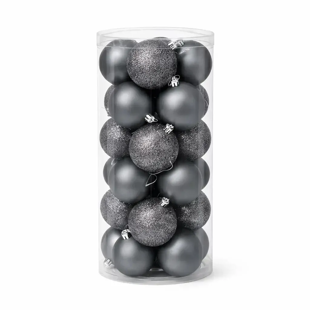 Sada vánočních ozdob tmavě stříbrná 6 cm plastové baňky, 12×  glitter, 12× matná, balení 24 ks