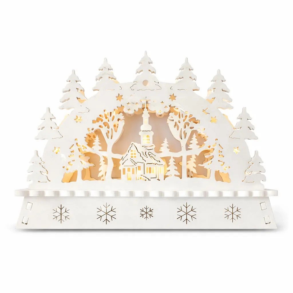 LED vánoční svícen do okna na baterie kostel dřevěný, 15 × 11 × 5 cm, teple bílá, 2× AA