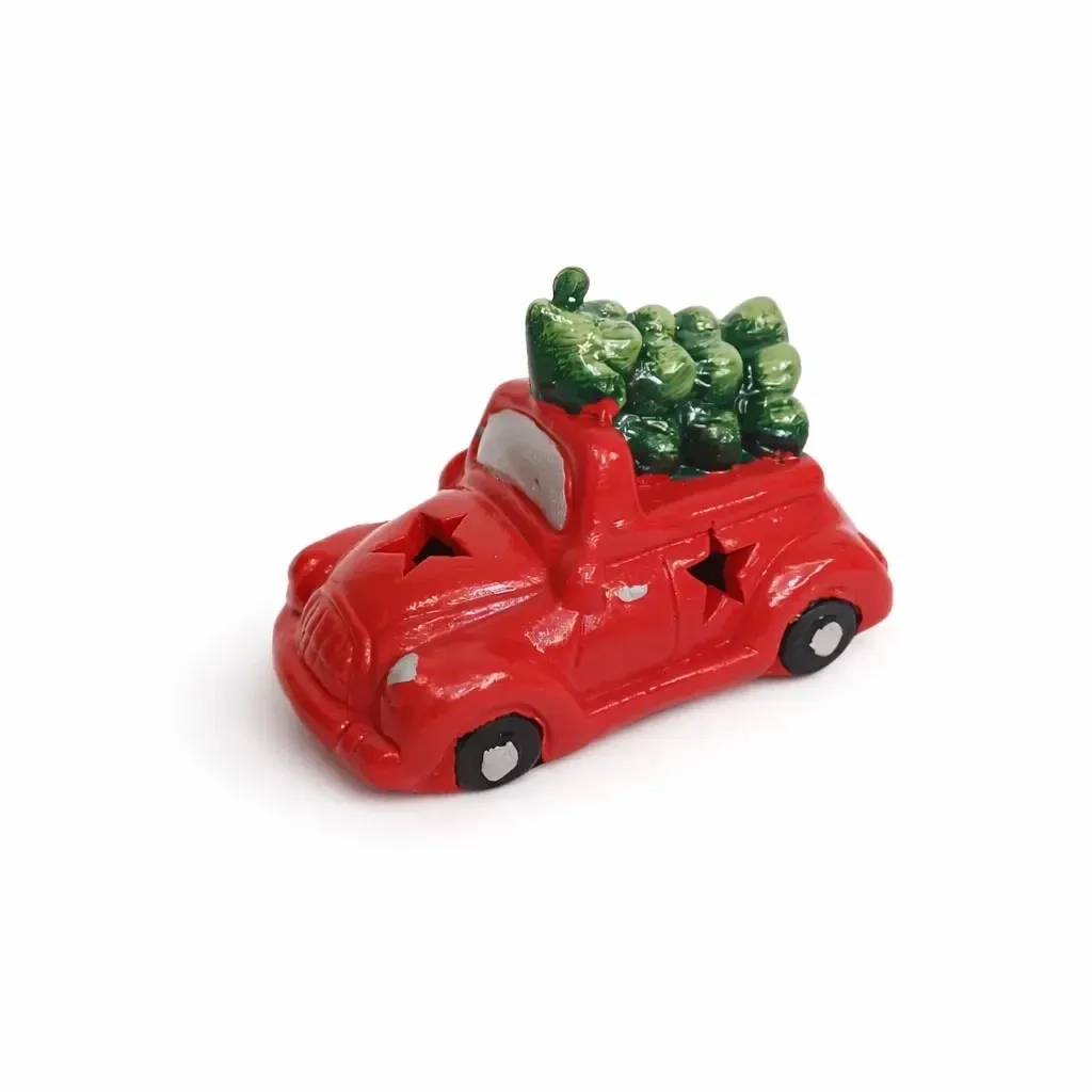 Dekorace keramické auto, 9,5 × 5,7 × 6,2 cm, teple bílá, 2× LR44
