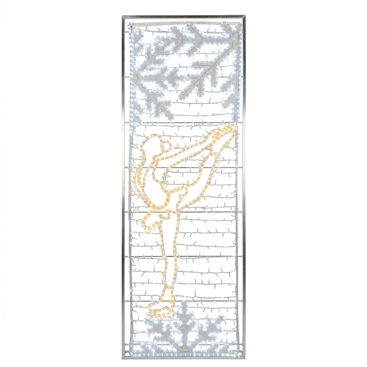 2D LED světelný banner krasobruslařka 80 × 247 cm, teple a ledově bílá, výplet, 3D tisk, rám hliník, závěsná