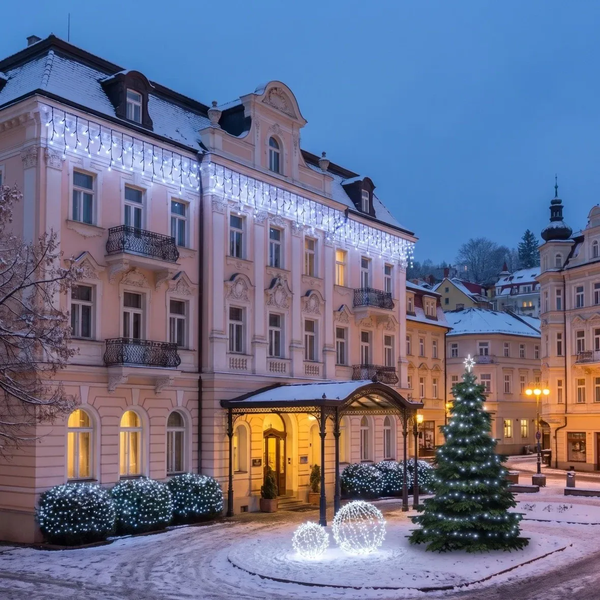 Vánoční sada pro hotely Ledová fasáda se stromem, strom 3–5 m, 6× krápníky 3 m, 5× řetěz 20 m, 3D LED koule Ø 60 cm, 3D LED koule Ø 80 cm, ledová bílá