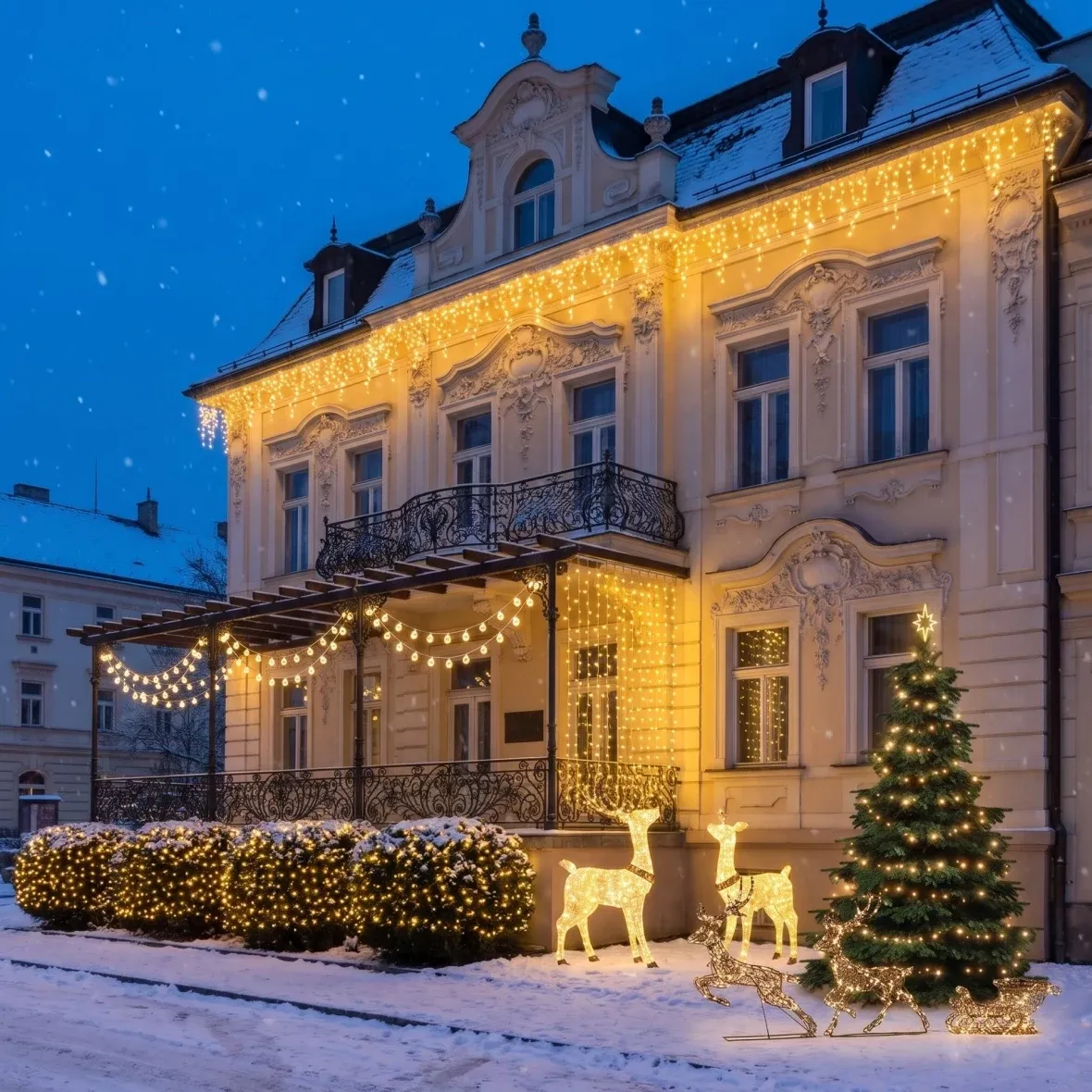 Vánoční sada pro hotely Zahrada a vchod, strom 3–5 m, 5× krápníky 3 m, 3D LED jelen a laň 150 cm, 3D LED jeleni se sáněmi 180 cm, teplá bílá
