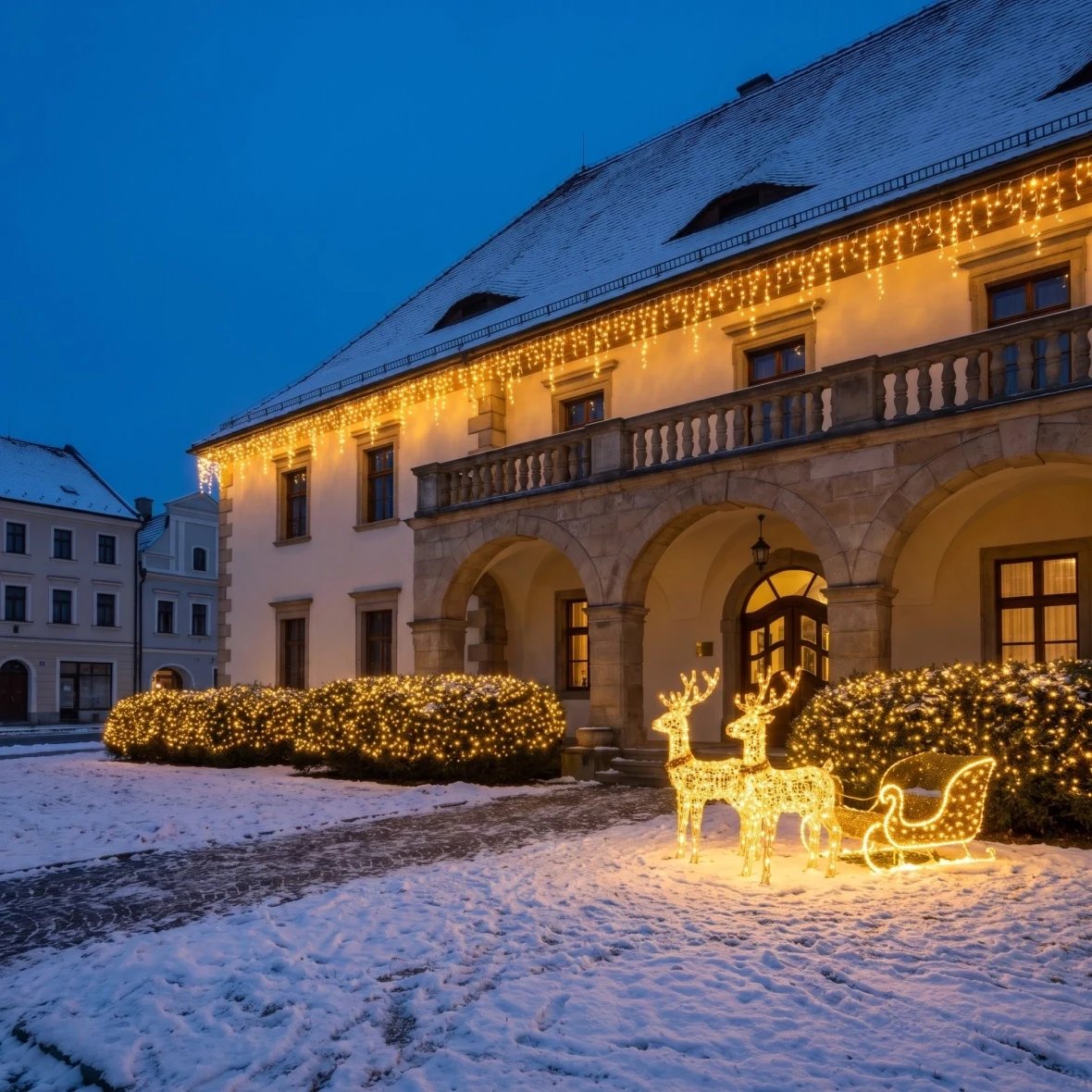 Vánoční sada Fasáda a keře pro hotely, hotel na náměstí s podloubím