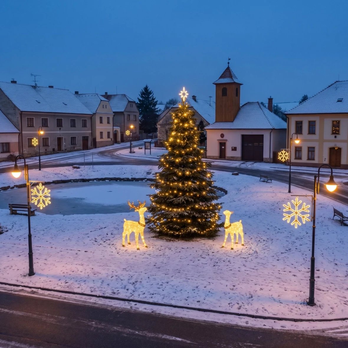 Vánoční sada Vločka VI s jelenem a laní pro obce, náves s rybníkem a hasičskou zbrojnicí