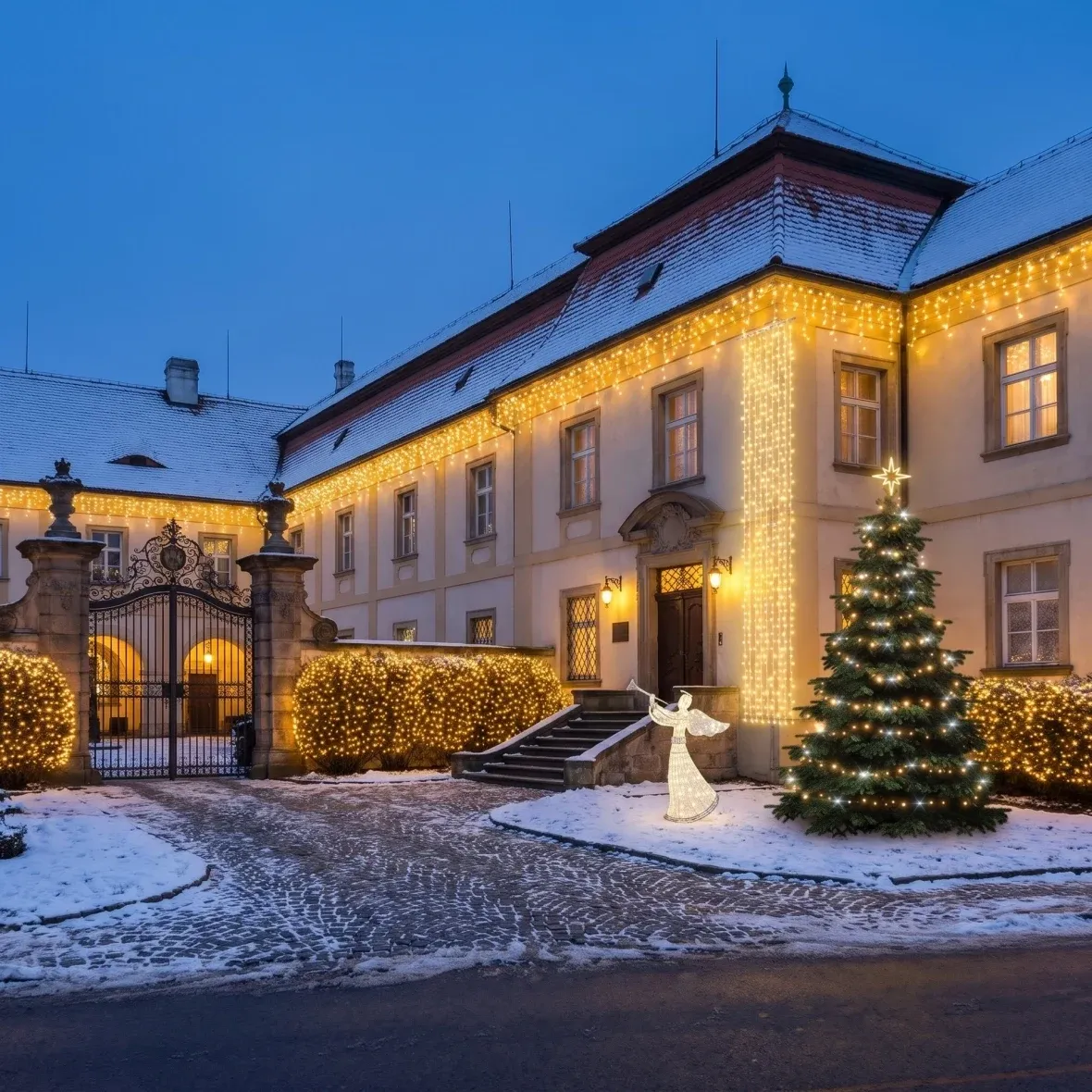 Vánoční sada Třpytivá fasáda a závěs pro hotely, zámecký hotel v Čechách
