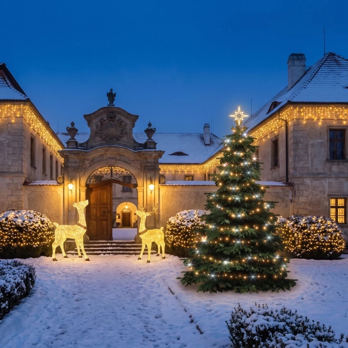 Vánoční sada Třpytivá fasáda se stromem pro hotely, zámecký hotel v Čechách