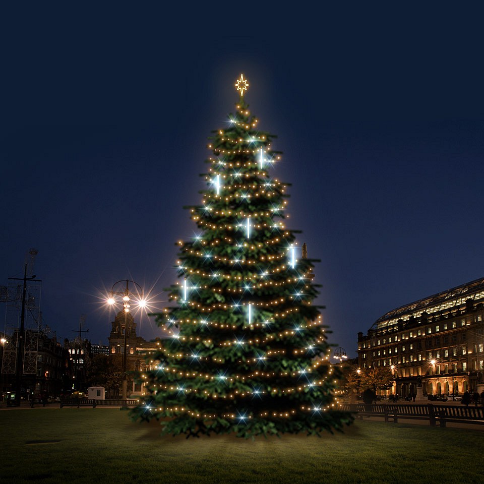 LED light set for Christmas trees 12-14m high, warm white with Flash, with falling snow