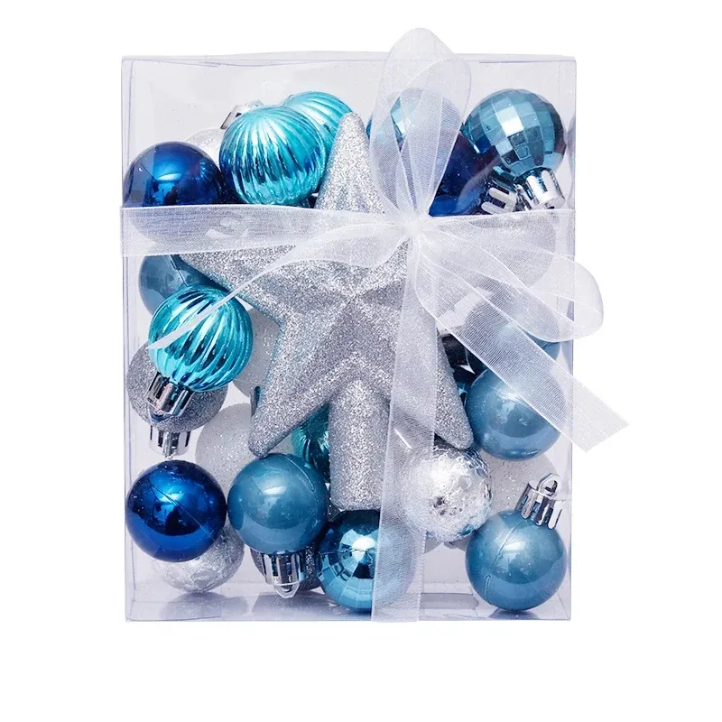 Production - Set of ornaments, 29x 3cm balls, 1x glitter spike, blue and silver