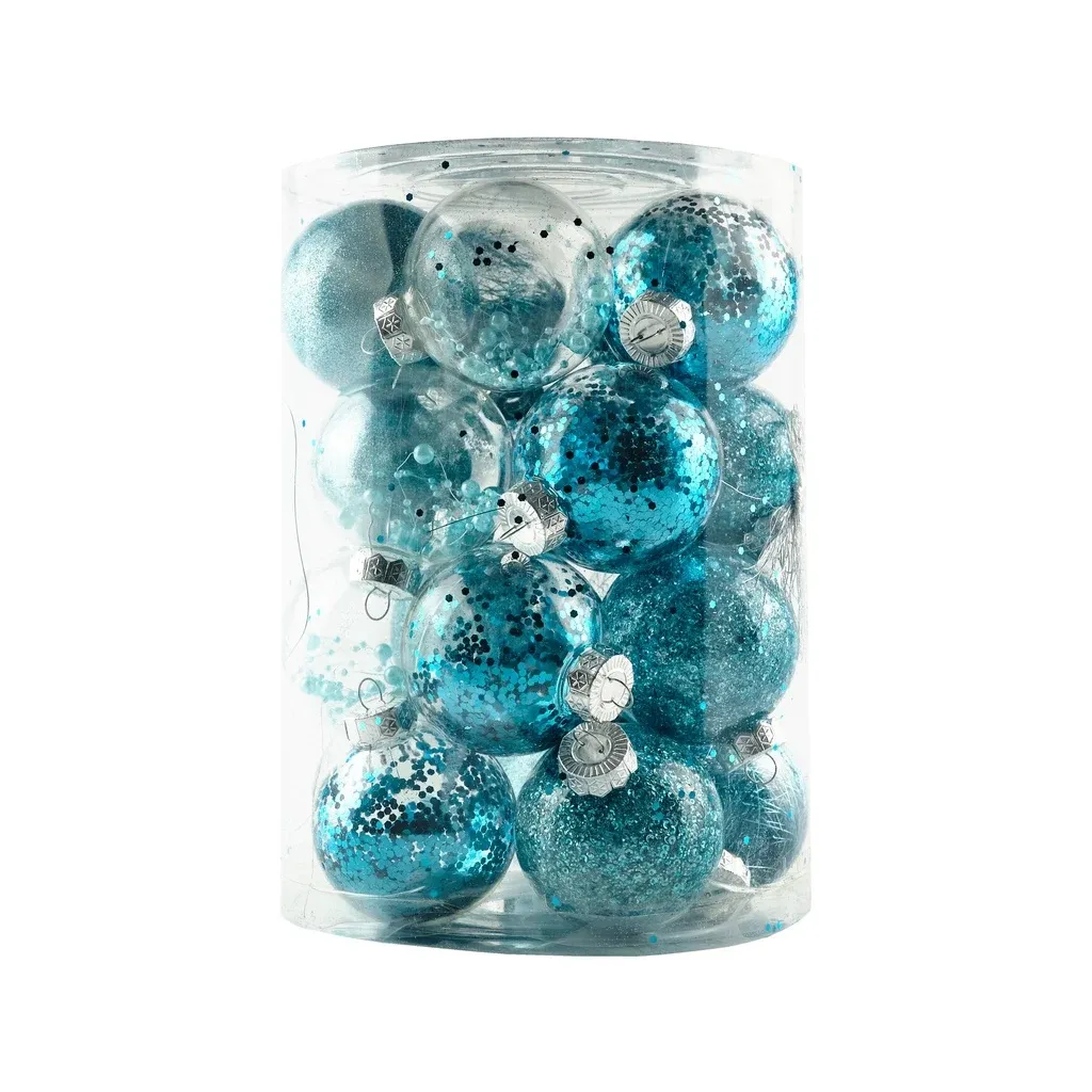 Set of Christmas ornaments turquoise 8 cm plastic flask, pack of 25 pcs