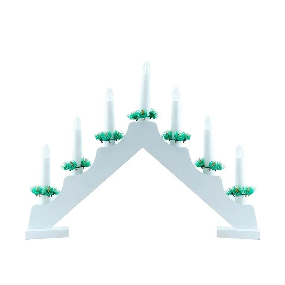Battery-operated Christmas window candle holder, 40 × 32 × 5 cm, white, wooden, 2× AA