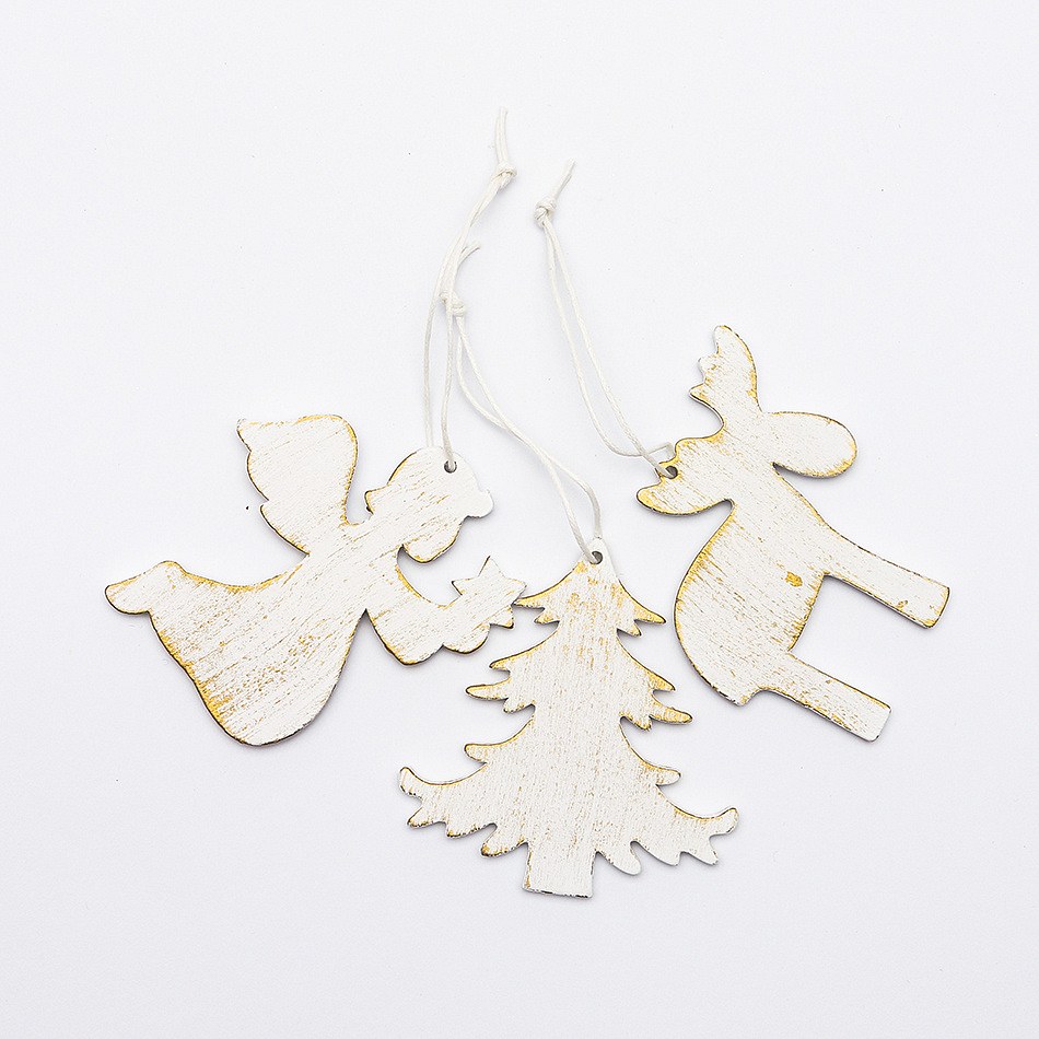Christmas wooden tree ornaments 7 cm, hanging, 3 types, pack of 9