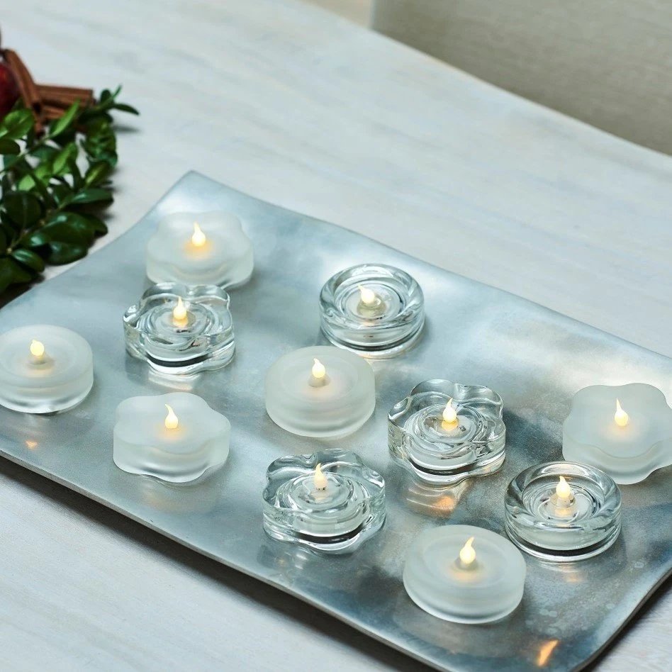 LED tea lights, set of 2, frosted, flowers