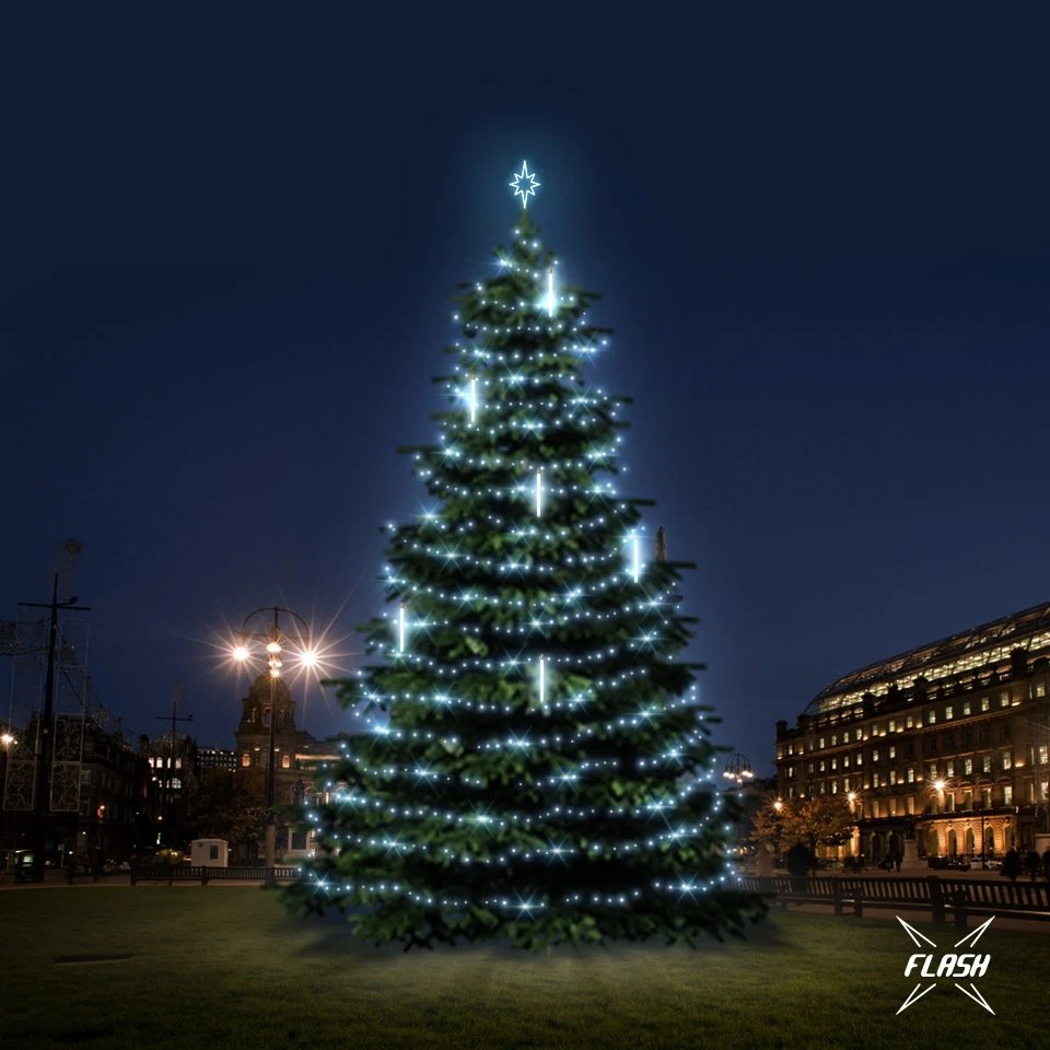LED tree light set 12-14m high, icy white with Flash, with falling snow