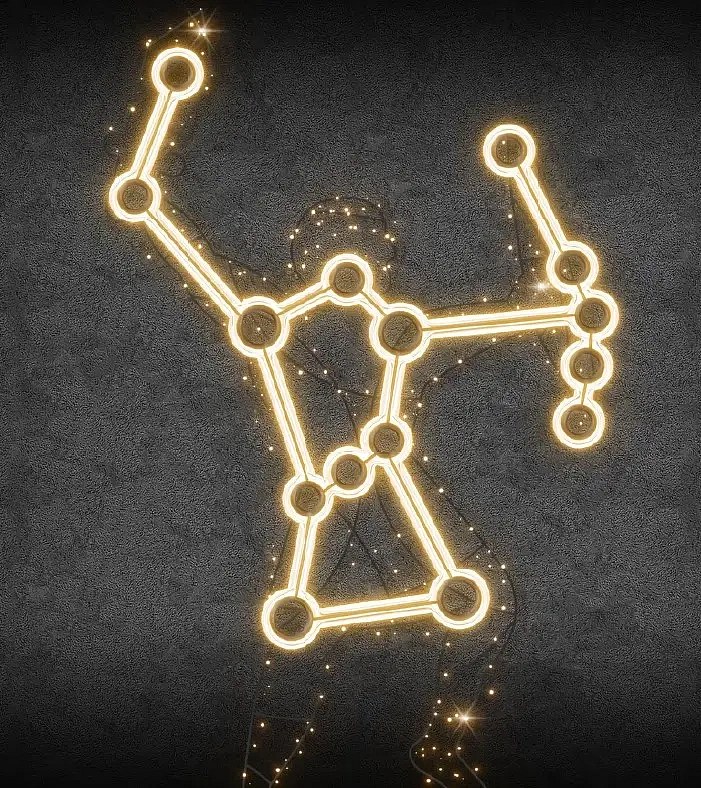 2D LED constellation Orion light, 245 × 350 cm, warm white, standing, 3D printed, aluminium