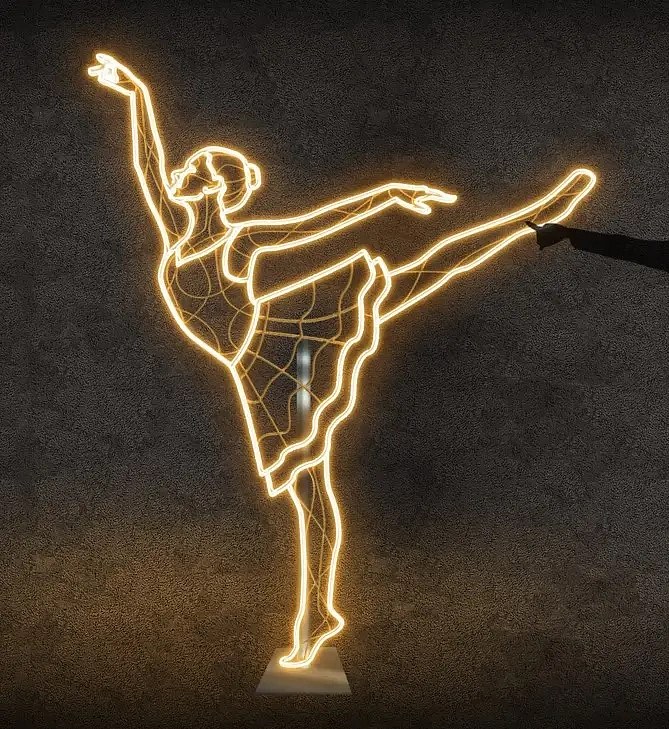 Eco Fix 2D LED light decor, ballerina II, 245 × 180 × 90 cm, warm white, standing, 3D printed, aluminium