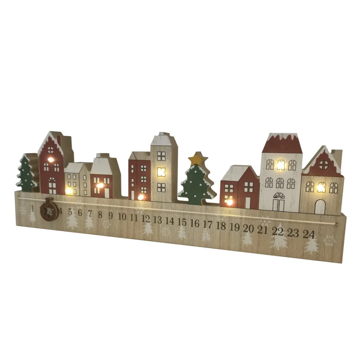LED Advent calendar, sliding door, 38 × 12 × 2.7 cm, wooden, colorful, powered by 2 AAA batteries