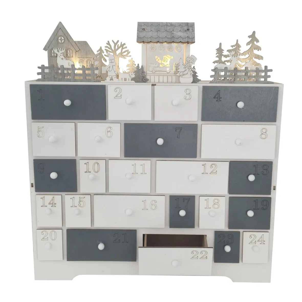LED Advent calendar, cottage and animals, wooden, 37 × 40 × 11 cm, white and gray, powered by 2 AA batteries