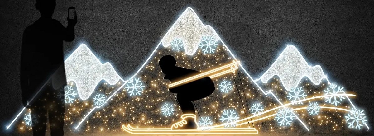 2D LED light skis with panorama, 430 × 150 cm, warm and icy white, standing, 3D printed, aluminium
