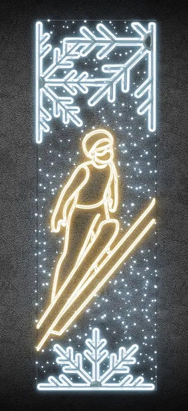 Easy Fix 2D LED light banner ski jumper, 80 × 247 cm, warm and icy white, decor for public lighting, aluminium