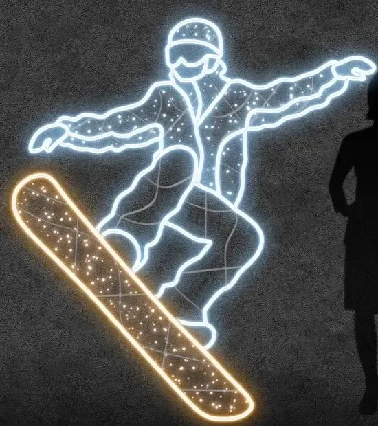 2D LED light snowboarder, 185 × 205 cm, warm and icy white, standing, 3D printing