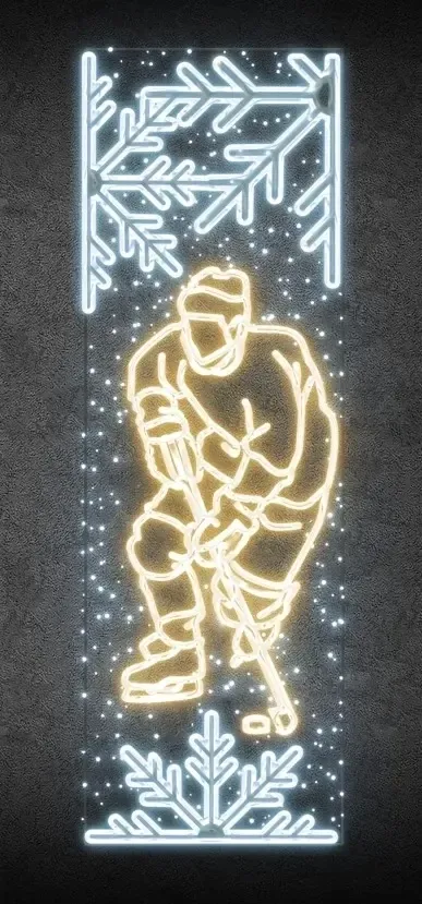 Easy Fix 2D LED light banner hockey player, 80 × 247 cm, warm and icy white, decor for public lighting, aluminium