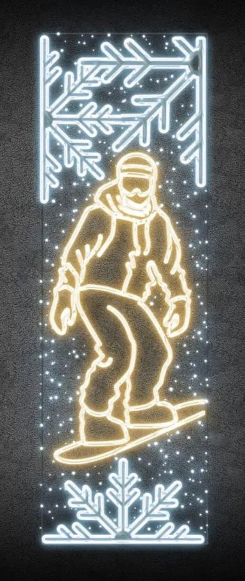 Easy Fix 2D LED light banner snowboarder, 80 × 247 cm, warm and icy white, decor for public lighting, aluminium
