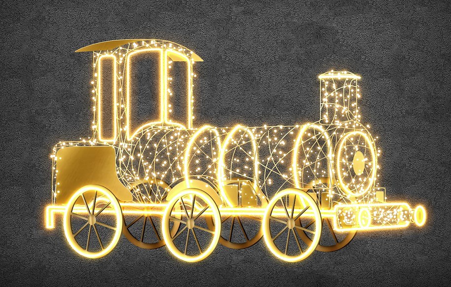 Eco Fix 3D LED light locomotive, 300 × 180 × 90 cm, warm white, standing, aluminium