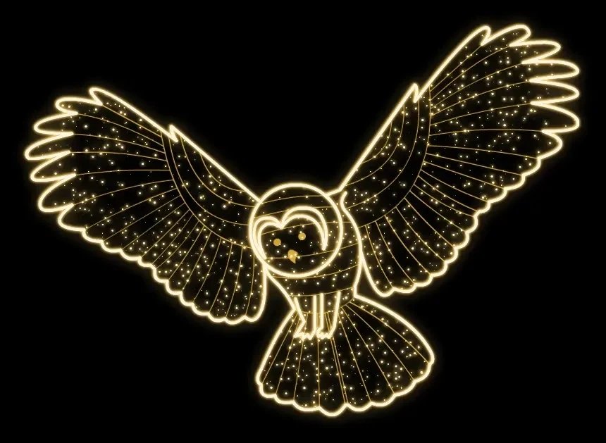 Eco Fix 2D LED light owl in flight, hanging, 225 × 165 × 5 cm, warm white, 3D printed, gold