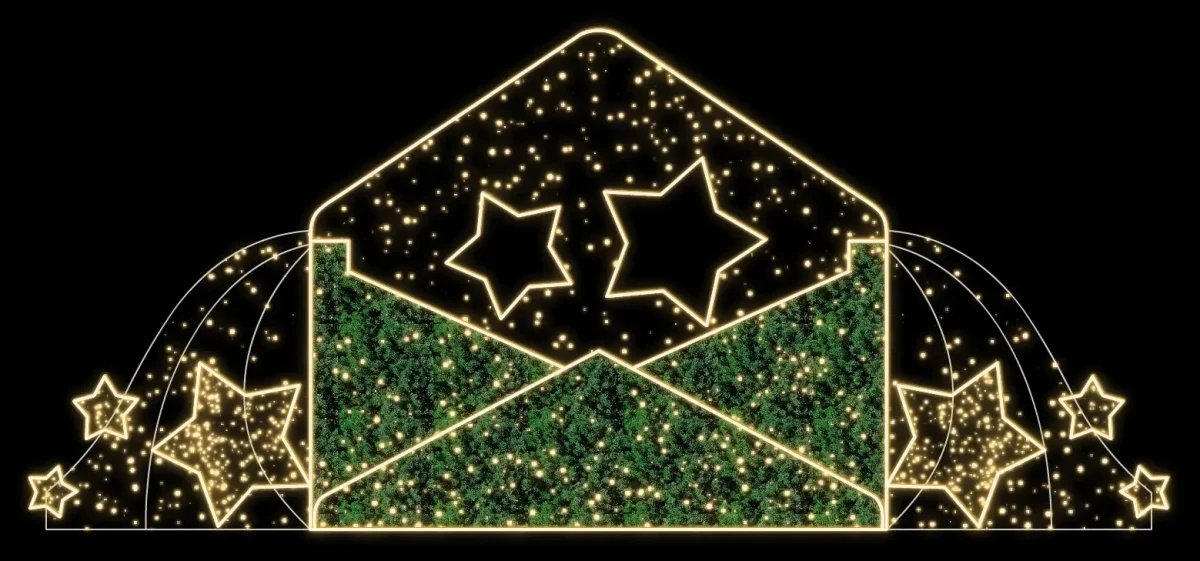 Eco Fix 2D LED lighted envelope with stars, 703 × 300 × 100 cm, standing