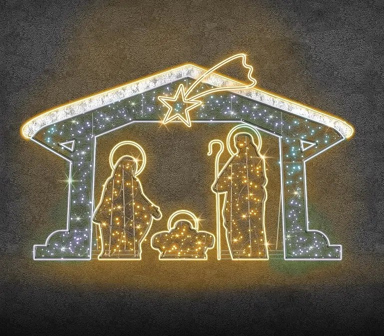 Eco Fix 2D LED Lighted Nativity Scene, 475 × 300 cm, warm and icy white, standing, 3D printed, aluminium