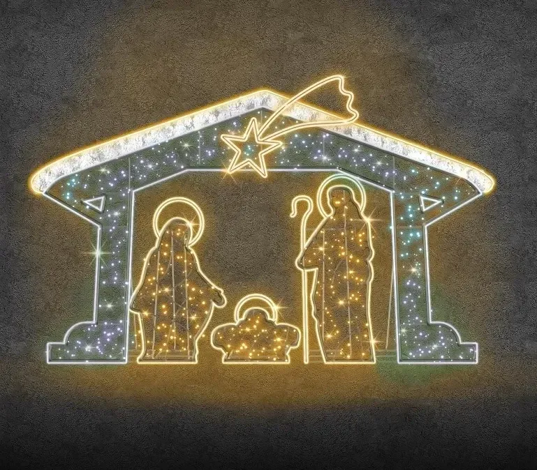 Eco Fix 2D LED Lighted Nativity Scene, 475 × 300 cm, warm and icy white, standing, 3D printed, aluminium