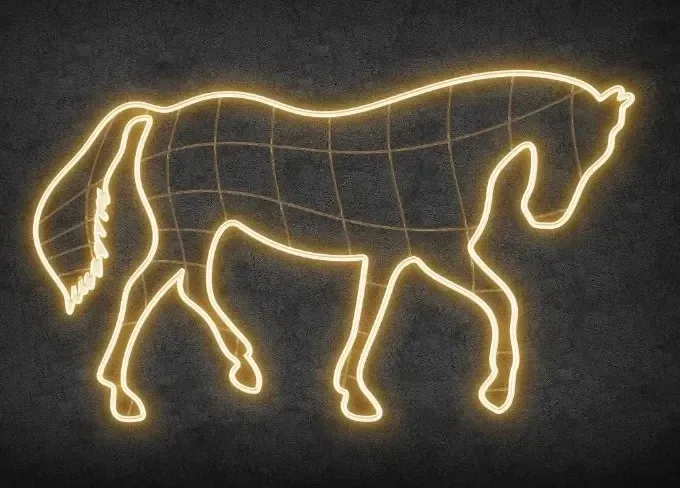 Eco Fix 2D LED light horse, 290 × 161 × 60 cm, warm white, standing, 3D printed, aluminium