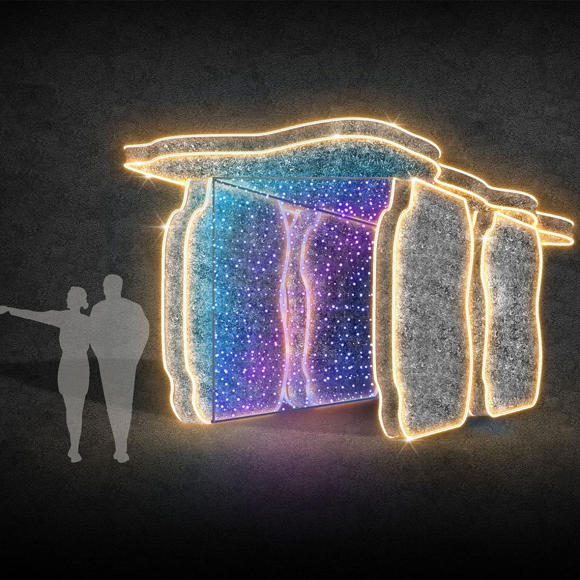 3D LED light tunnel dolmens, Carlingford, 260 × 280 × 450 cm, warm white and twinkly, aluminium