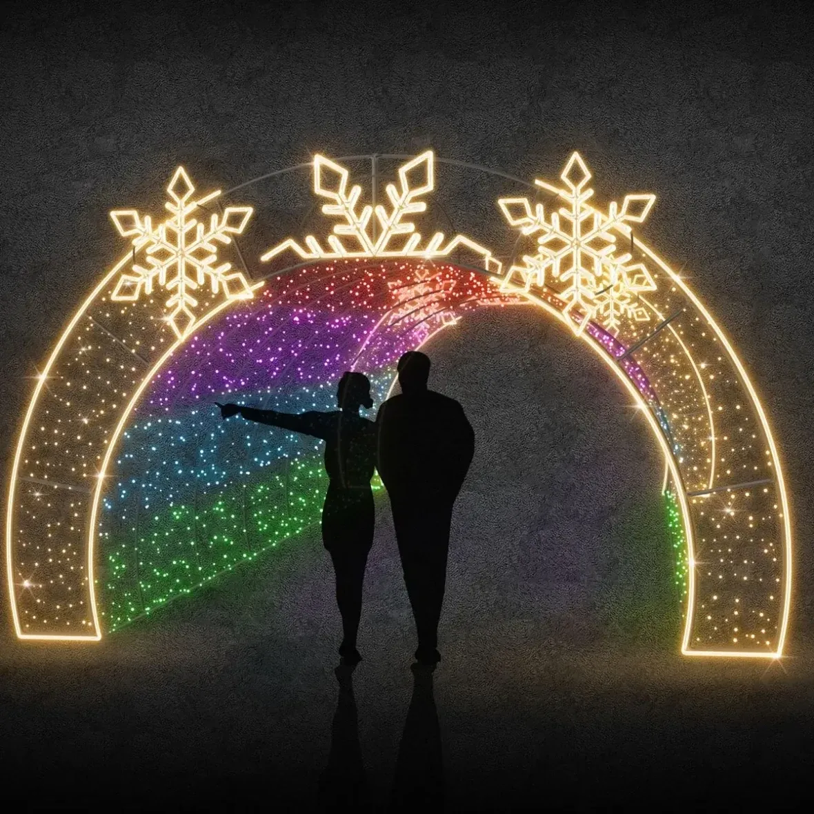 Eco Fix 3D LED light tunnel Snowflakes and Twinkly, 440 × 300 × 800 cm, aluminium
