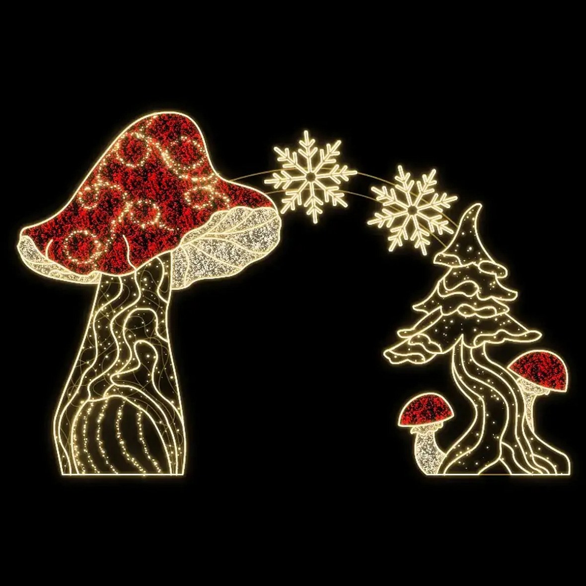 Eco Fix 2D LED Light Arch: Toadstool, Tree, and Snowflakes, Freestanding, 610 × 400 cm, Warm White with FLASH, 3D Printed
