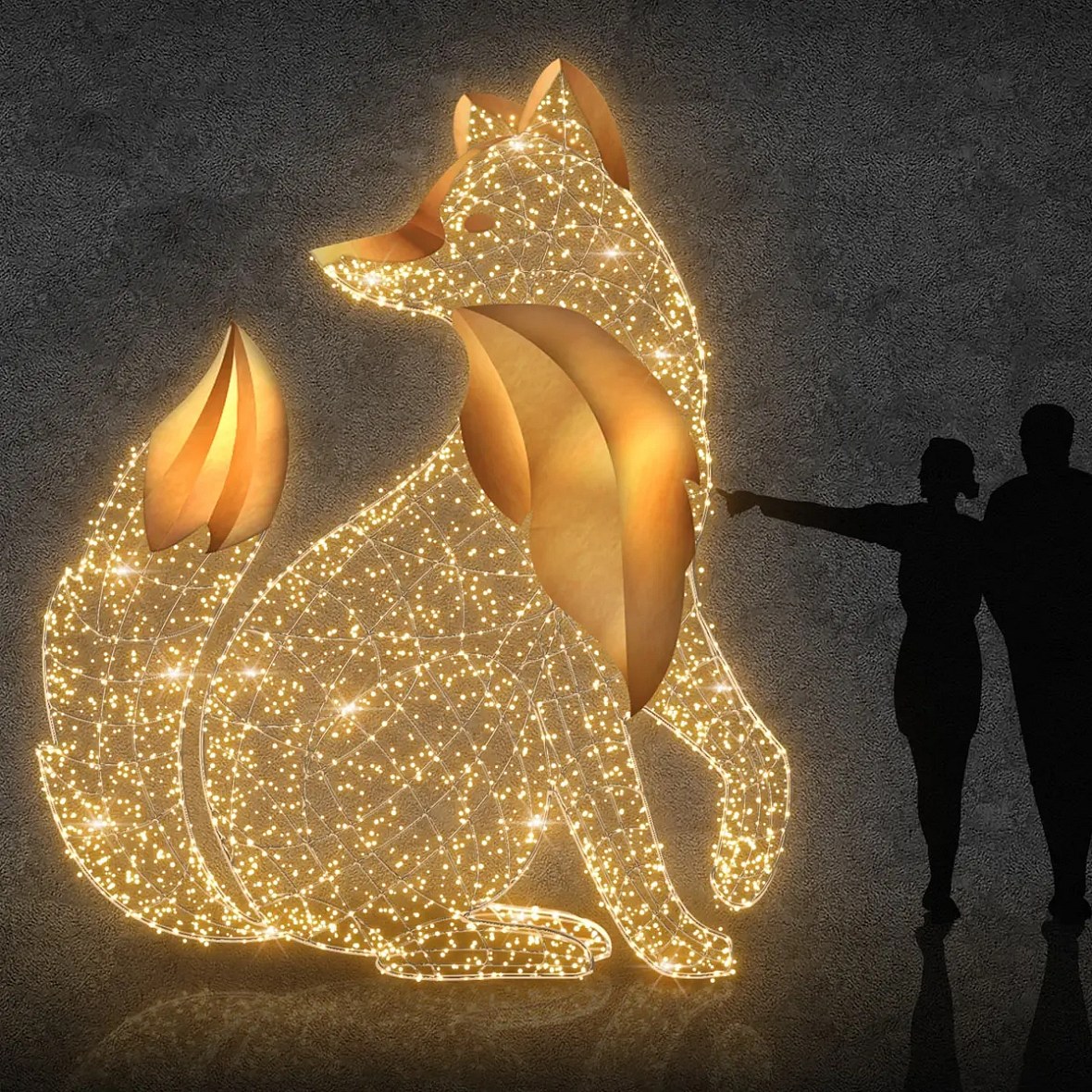 Eco Fix 3D LED light fox sitting, 280 × 300 × 170 cm, warm white, aluminium