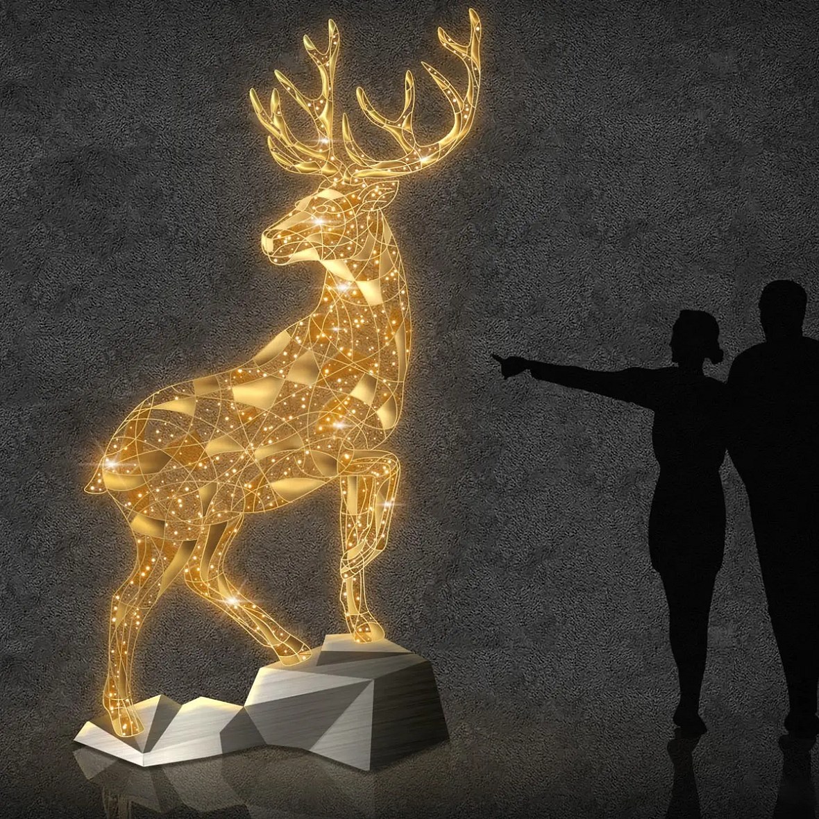 3D LED light deer on a rock 220 × 330 × 120 cm, warm white, 36 V, 37 W, 59.4 kg, made of 3 parts