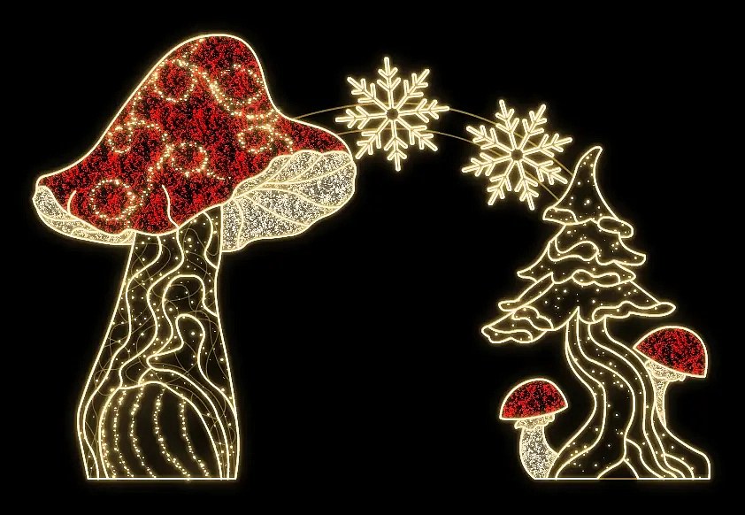 Eco Fix 2D LED Light Arch with Toadstool, Tree, and Snowflakes, Freestanding, 610 × 400 cm, Warm White, 3D Printed