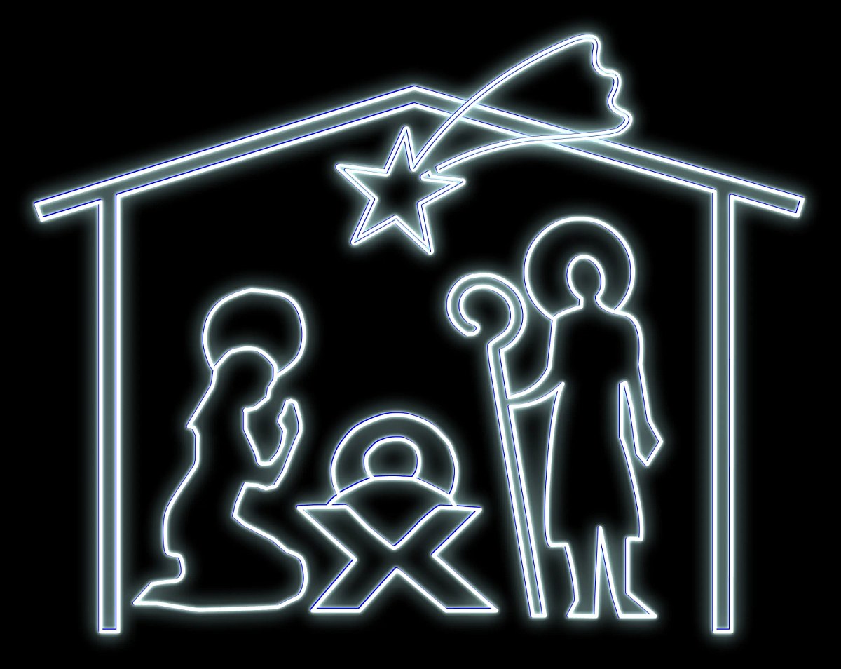 Easy Fix 2D LED illuminated nativity scene, Santa Claus, Mary and Joseph in the stable with comet, 250 × 400 cm, ice white, standing, aluminium